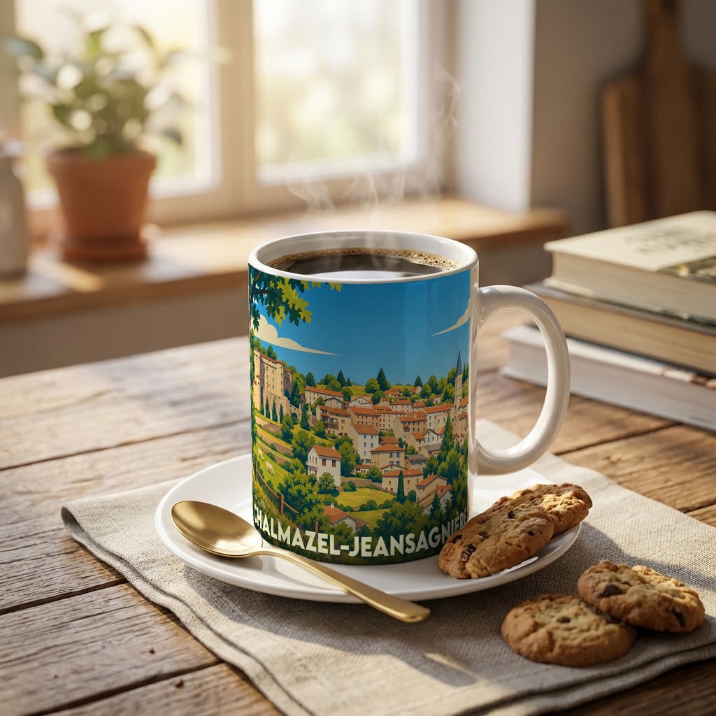 Mug souvenir de la ville de Chalmazel-Jeansagnière avec une illustration colorée et stylisée du village.