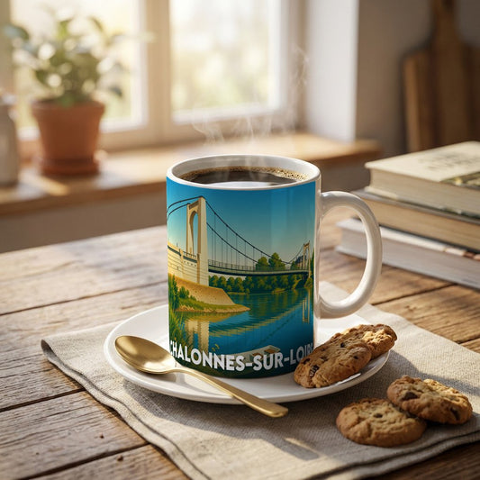 Mug souvenir de la ville de Chalonnes-sur-Loire orné d'une illustration stylisée de son pont suspendu.
