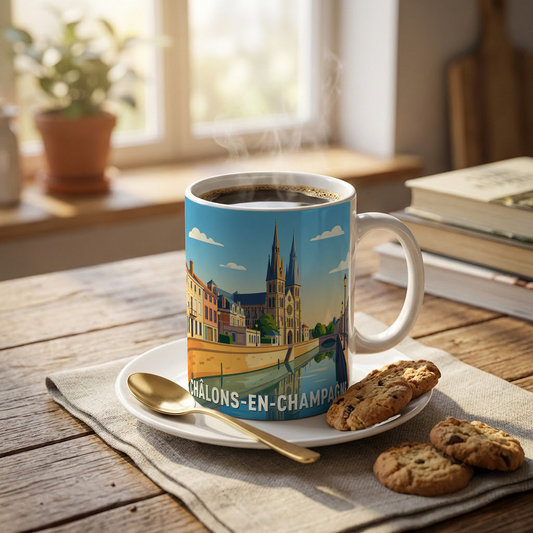 Mug souvenir de la ville de Châlons-en-Champagne avec une illustration stylisée.