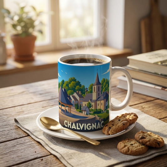 Mug souvenir de la ville de Chalvignac orné d'une illustration stylisée du village.