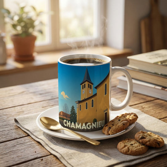 Mug souvenir de la ville de Chamagnieu illustré d'un dessin stylisé de son église sur une table en bois.