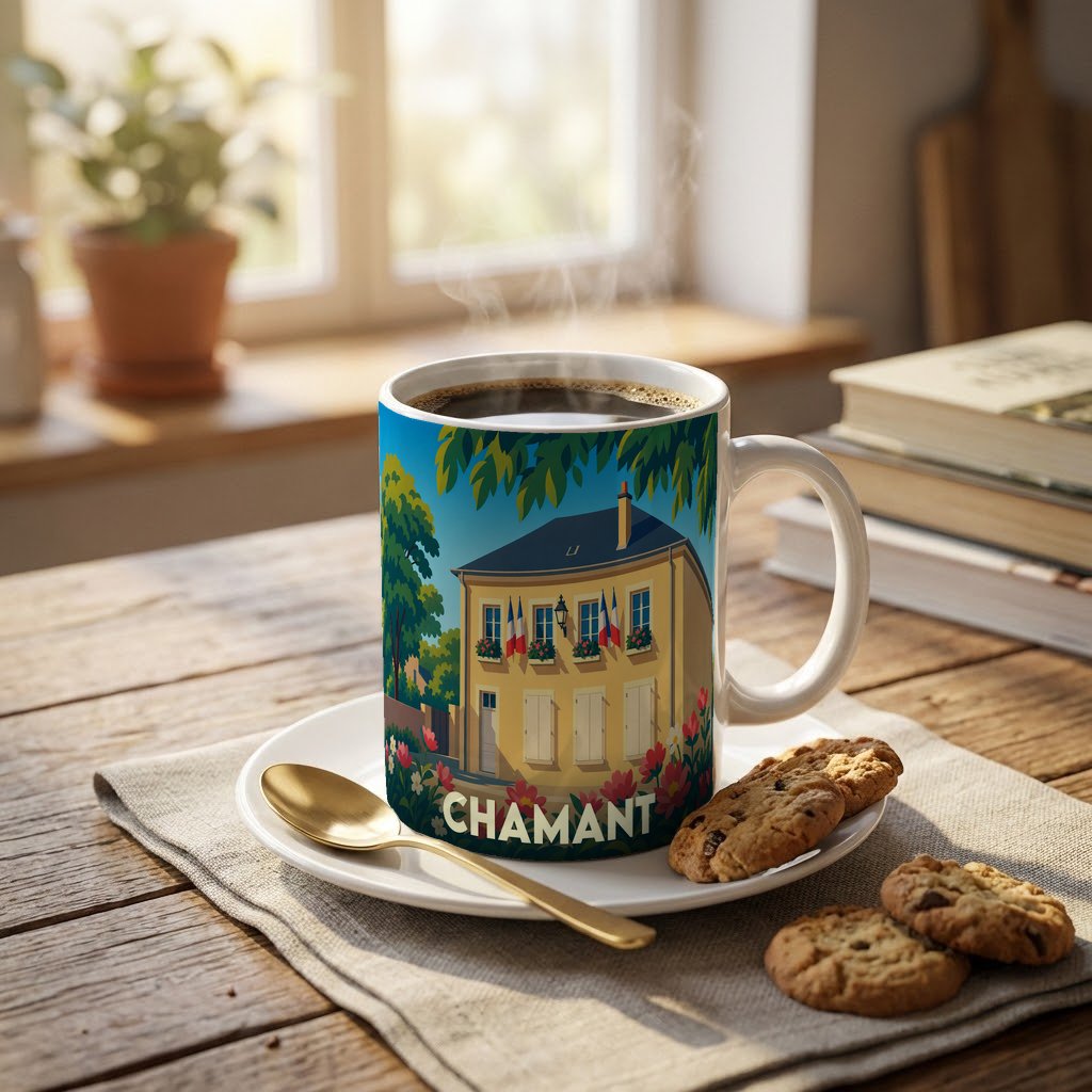 Mug souvenir de la ville de Chamant avec une illustration stylisée d'un bâtiment typique.
