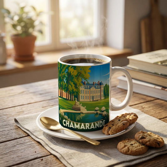 Mug souvenir de la ville de Chamarande illustré par un dessin stylisé de son château et de son parc.