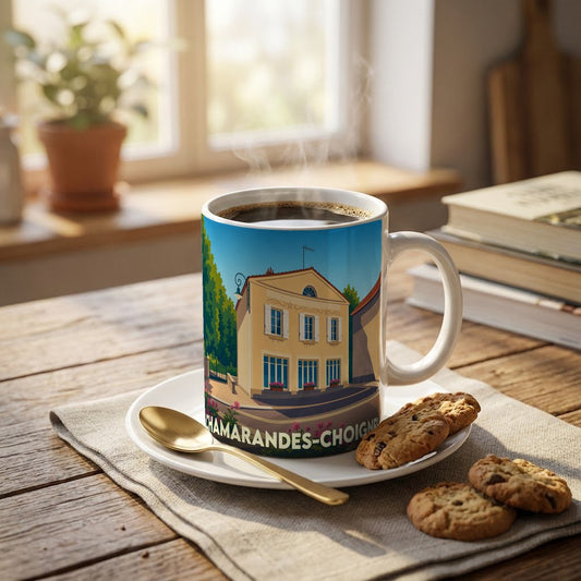 Mug souvenir de la commune de Chamarandes-Choignes orné d'une illustration stylisée de son architecture locale.