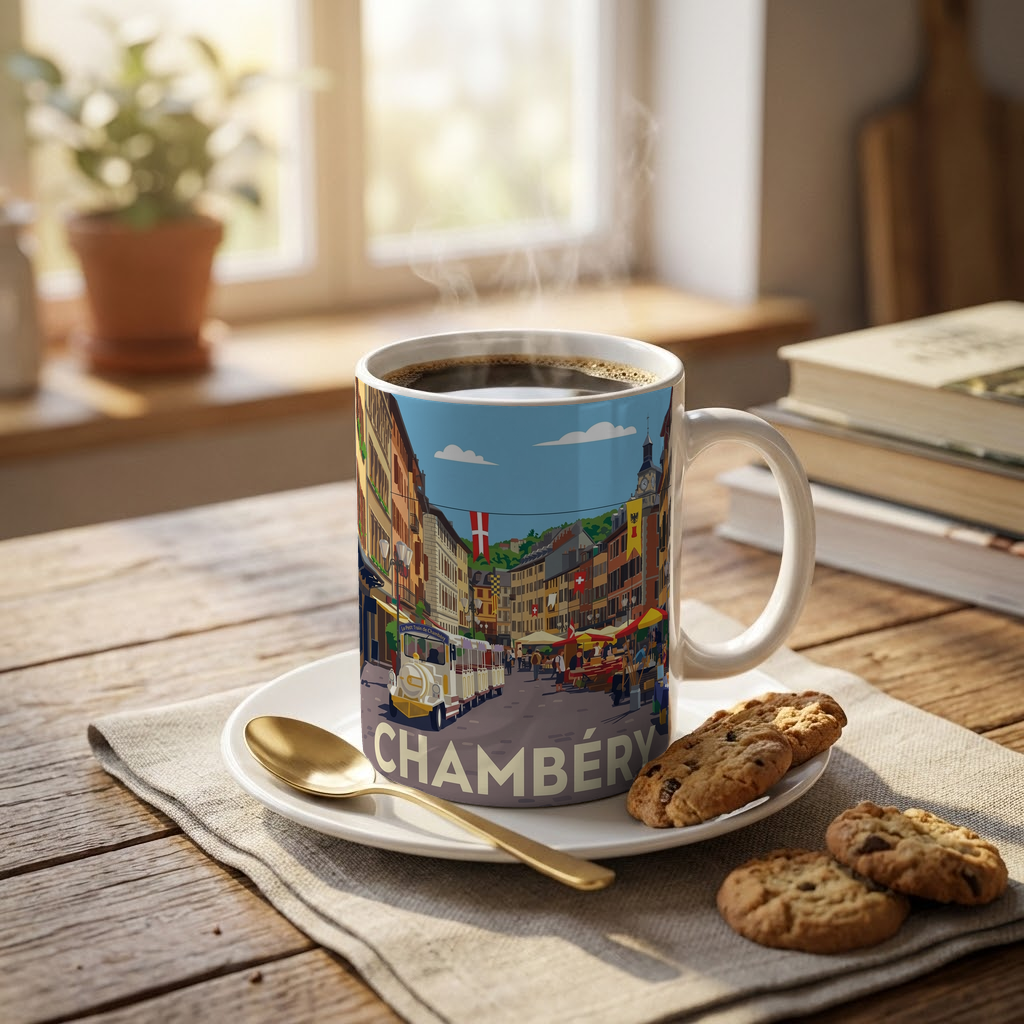Mug souvenir de la ville de Chambéry avec une illustration stylisée.