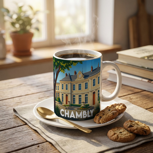 Mug souvenir de la ville de Chambly avec une illustration stylisée d'un bâtiment historique.