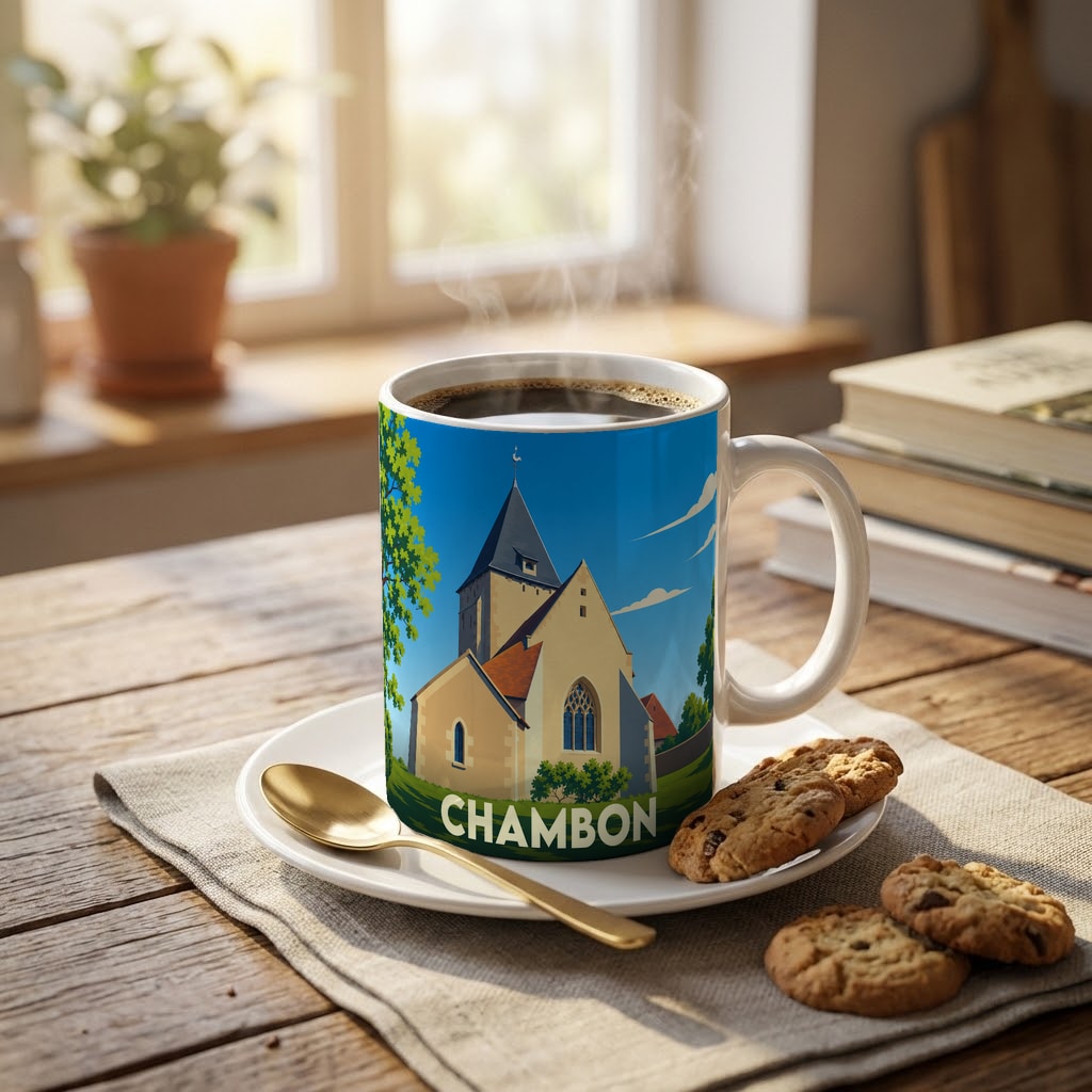 Mug souvenir de la ville de Chambon orné d'une illustration stylisée de son église.
