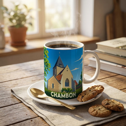 Mug souvenir de la ville de Chambon orné d'une illustration stylisée de son église.