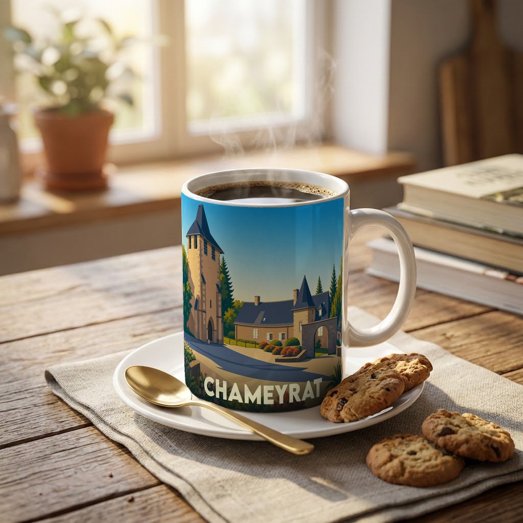 Mug souvenir de la ville de Chameyrat avec une illustration stylisée.