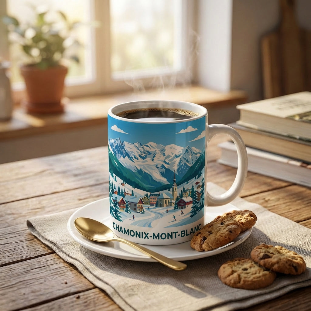 Mug souvenir de la ville de Chamonix-Mont-Blanc avec une illustration stylisée de montagne.