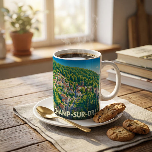 Mug souvenir de la ville de Champ-sur-Drac avec une illustration stylisée de son paysage vallonné.