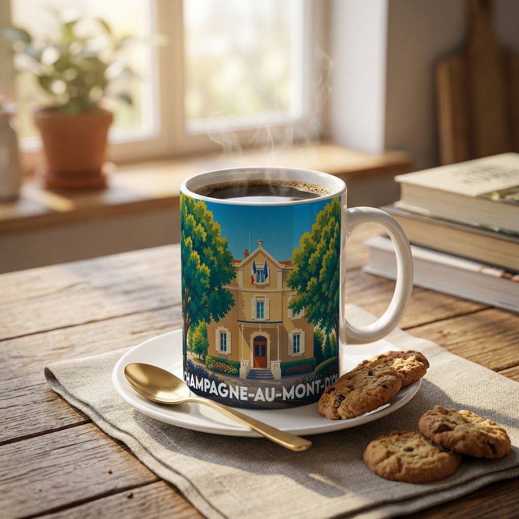 Mug souvenir de la ville de Champagne-au-Mont-d'Or avec une illustration stylisée de son hôtel de ville.