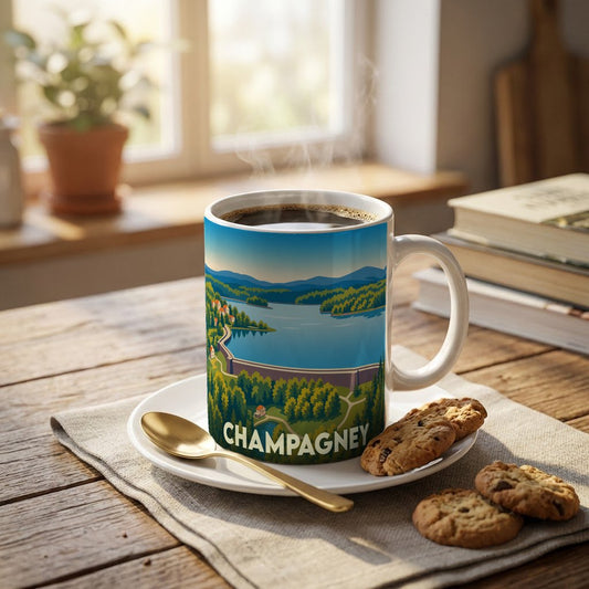 Mug souvenir de la ville de Champagney avec une illustration stylisée d'un lac et d'un barrage.