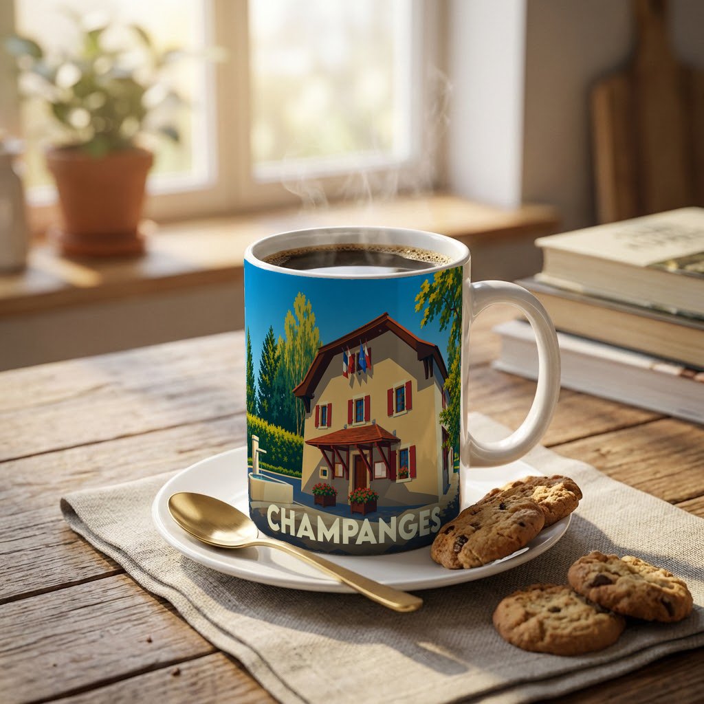 Mug souvenir de la ville de Champanges orné d'une illustration stylisée de sa mairie.