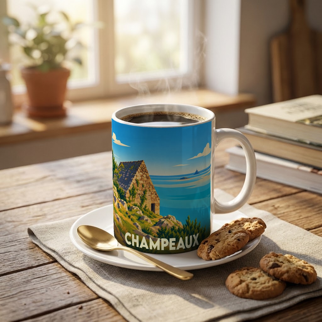Mug souvenir de la ville de Champeaux orné d'une illustration stylisée de son littoral normand.