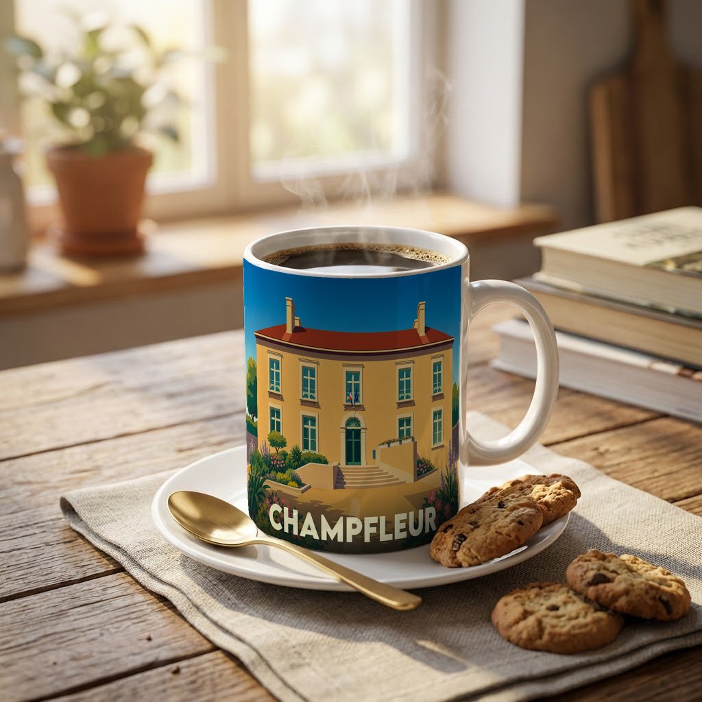 Mug souvenir de la ville de Champfleur orné d'une illustration stylisée de sa mairie.