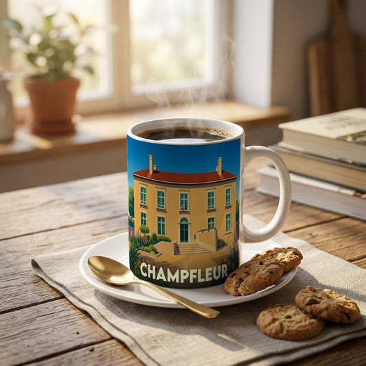 Mug souvenir de la ville de Champfleur orné d'une illustration stylisée de sa mairie.