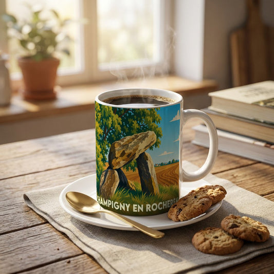 Mug souvenir de la ville de Champigny en Rochereau illustré d'un dolmen stylisé.
