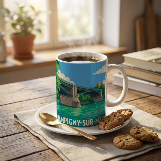 Mug souvenir de la ville de Champigny-sur-Marne avec une illustration stylisée.