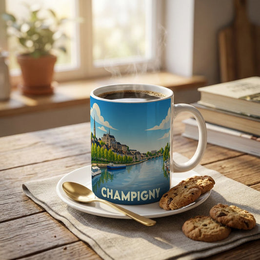 Mug souvenir de la ville de Champigny orné d'une illustration stylisée de son paysage fluvial.
