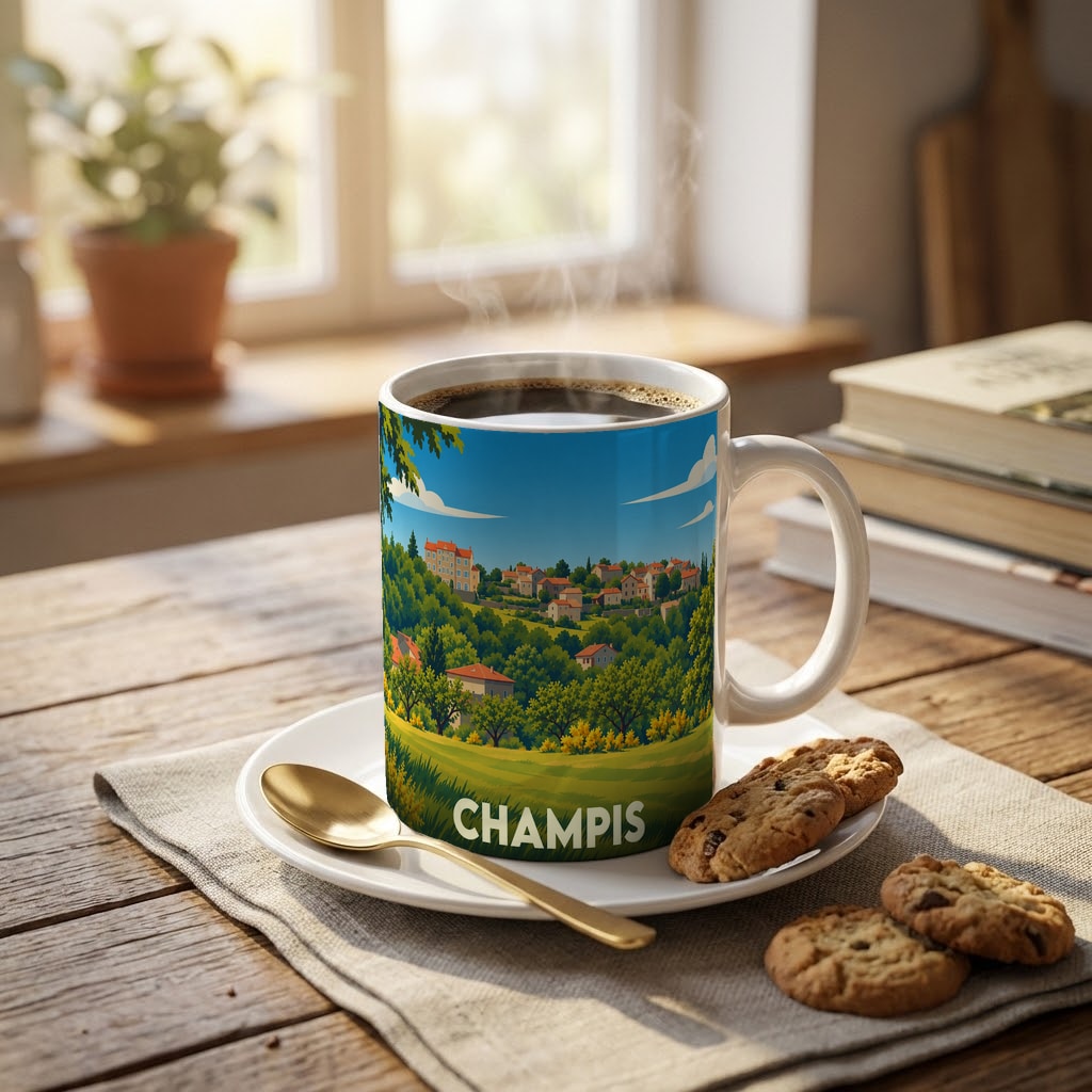 Mug souvenir de la ville de Champis orné d'une illustration paysagère stylisée.