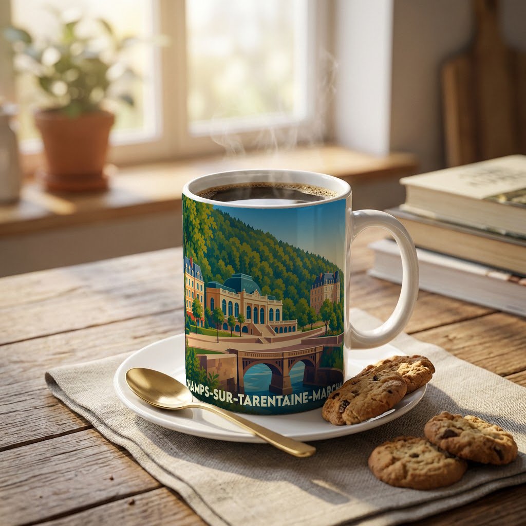 Mug souvenir de la ville de Champs-sur-Tarentaine-Marchal avec une illustration stylisée.