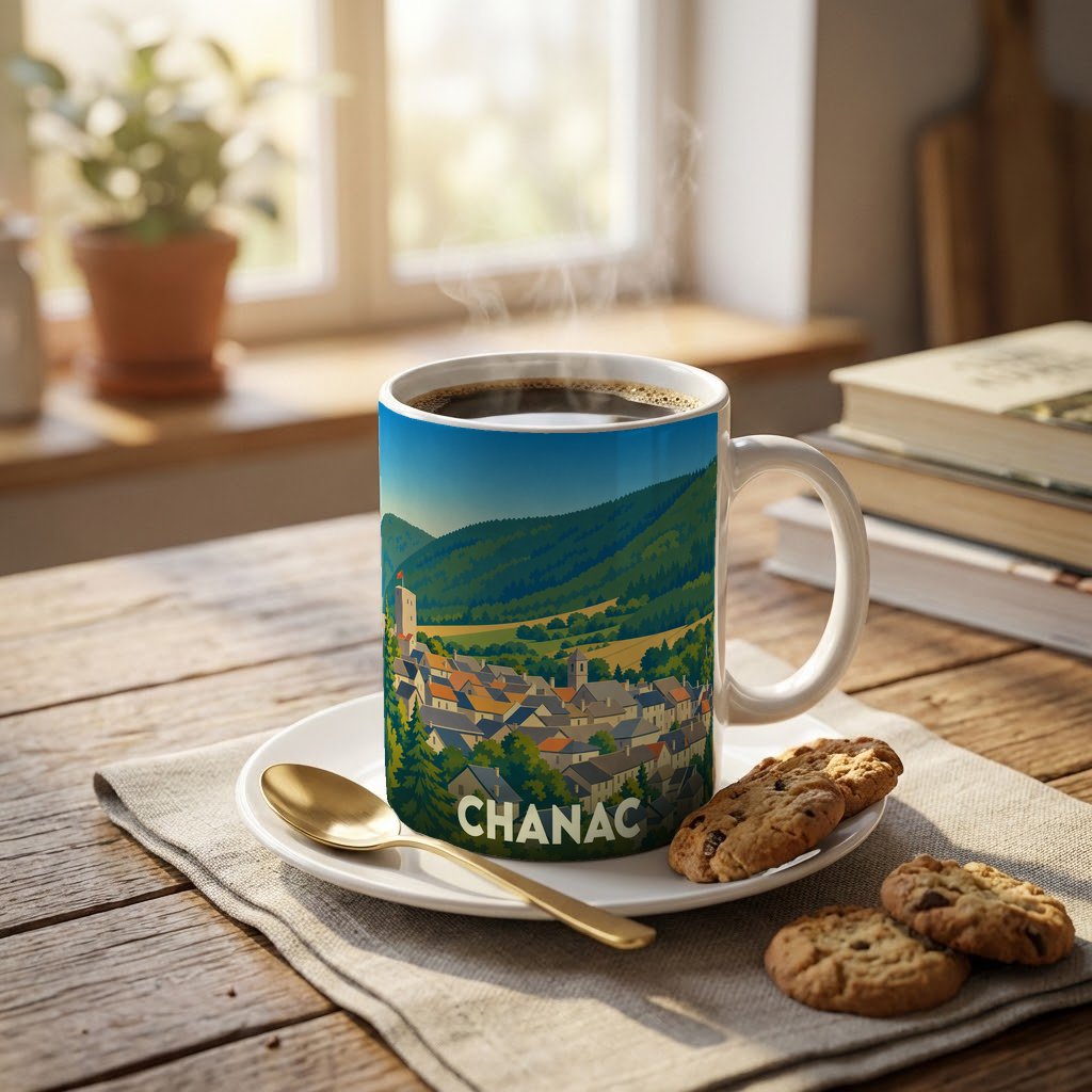 Mug souvenir de la ville de Chanac orné d'une illustration stylisée de ses paysages et habitations.