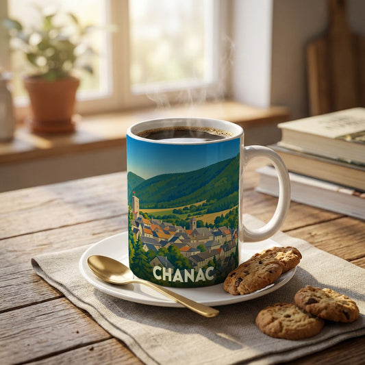 Mug souvenir de la ville de Chanac orné d'une illustration stylisée de ses paysages et habitations.