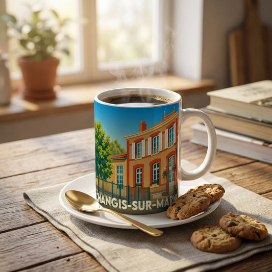 Mug souvenir de la ville de Changis-sur-Marne illustré par une scène urbaine colorée.