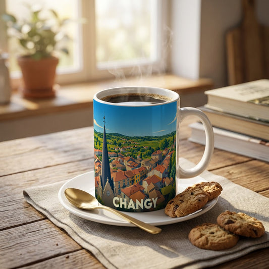 Mug souvenir de la ville de Changy avec une illustration stylisée de ses toits et de son église.