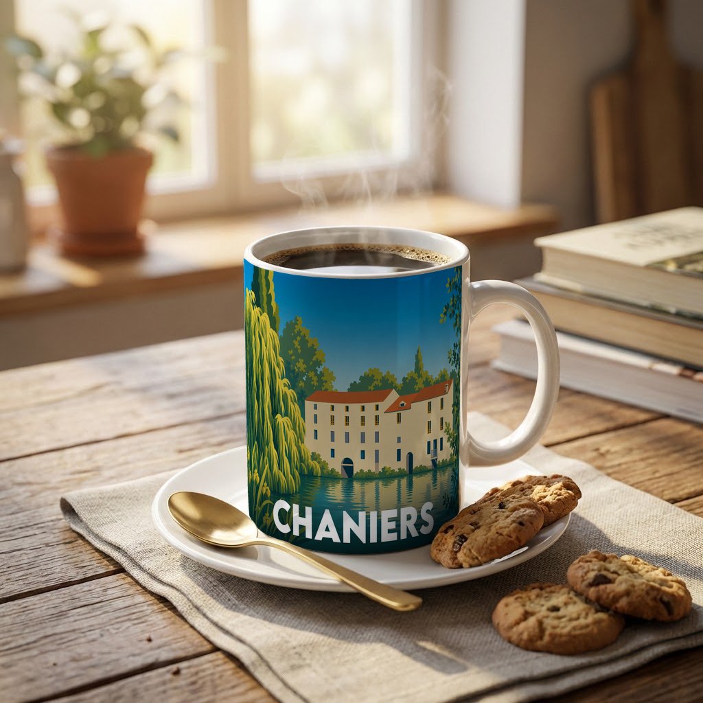 Mug souvenir de la ville de Chaniers avec une illustration stylisée.