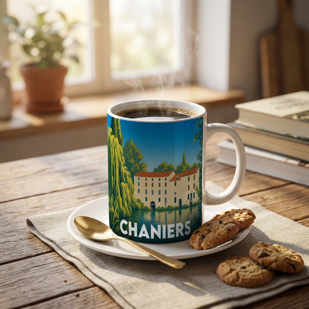 Mug souvenir de la ville de Chaniers avec une illustration stylisée.