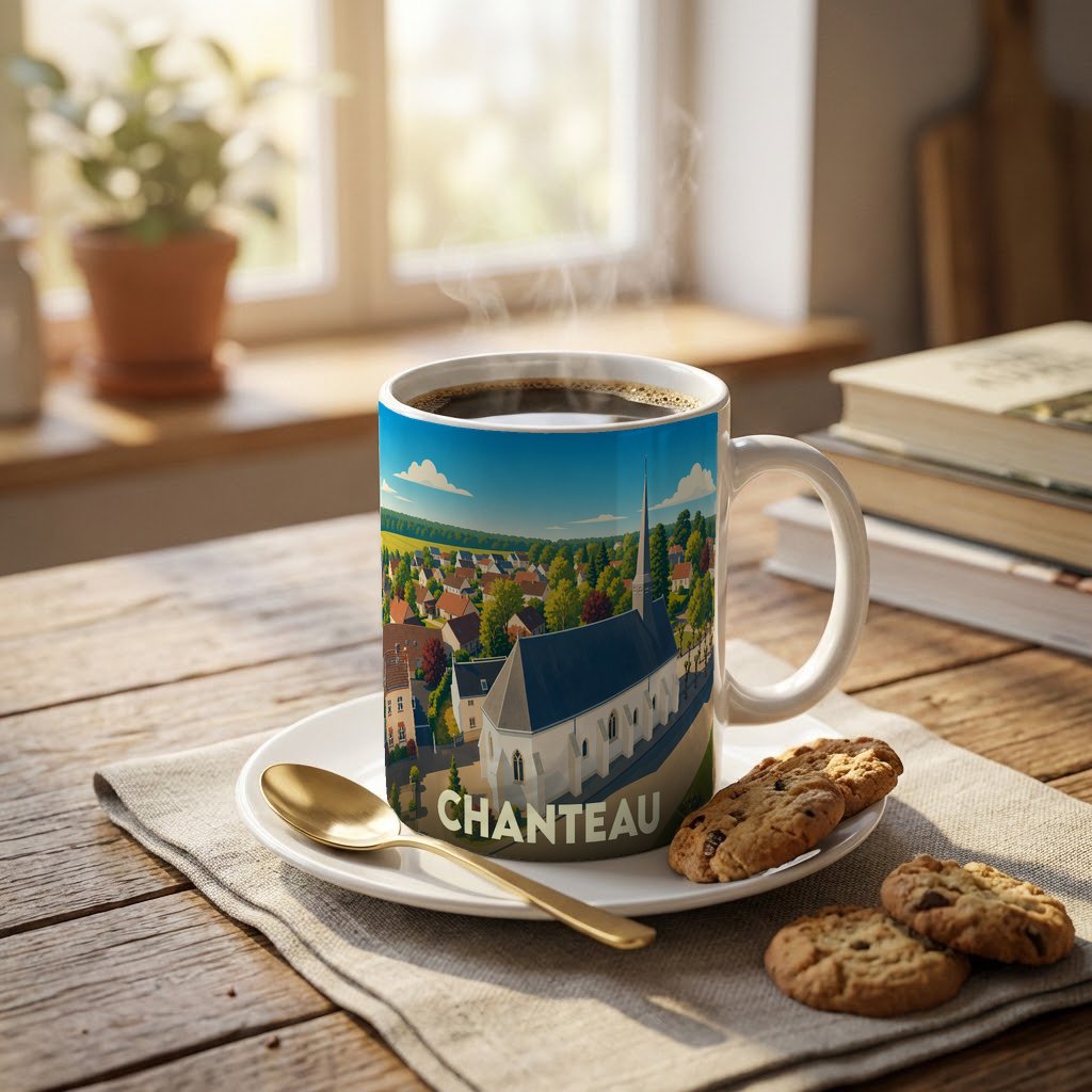 Mug souvenir de la ville de Chanteau avec une illustration stylisée montrant son église et son paysage environnant.
