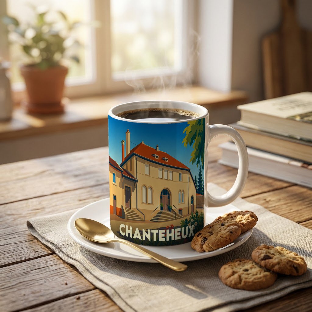 Mug souvenir de la ville de Chanteheux avec une illustration stylisée d'un bâtiment emblématique.