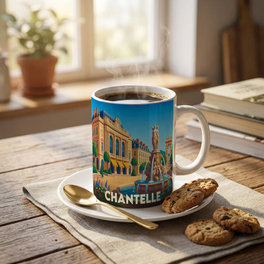 Mug souvenir de la ville de Chantelle avec une illustration stylisée d'une place historique et sa fontaine.