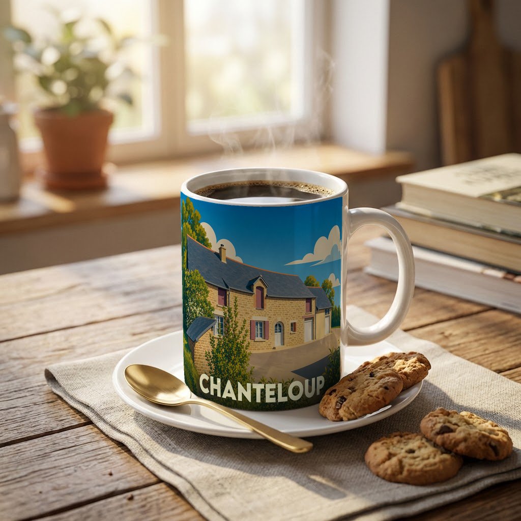 Mug souvenir de la ville de Chanteloup orné d'une illustration stylisée d'une maison traditionnelle en pierre.