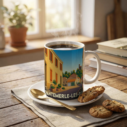 Mug souvenir de la ville de Chantemerle-les-Blés orné d'une illustration colorée et stylisée de ses rues.