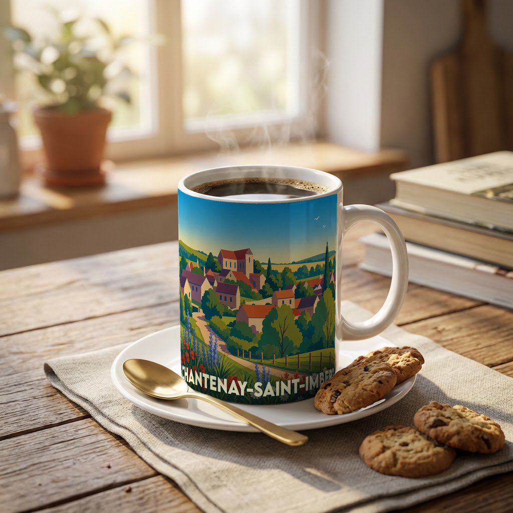 Mug souvenir de la ville de Chantenay-Saint-Imbert illustré d'un paysage de campagne stylisé.