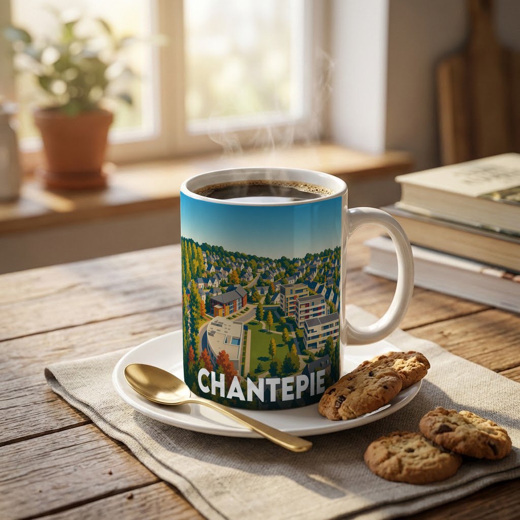 Mug souvenir de la ville de Chantepie avec une illustration stylisée d'un paysage urbain verdoyant.