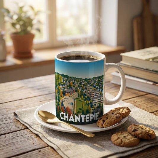 Mug souvenir de la ville de Chantepie avec une illustration stylisée d'un paysage urbain verdoyant.