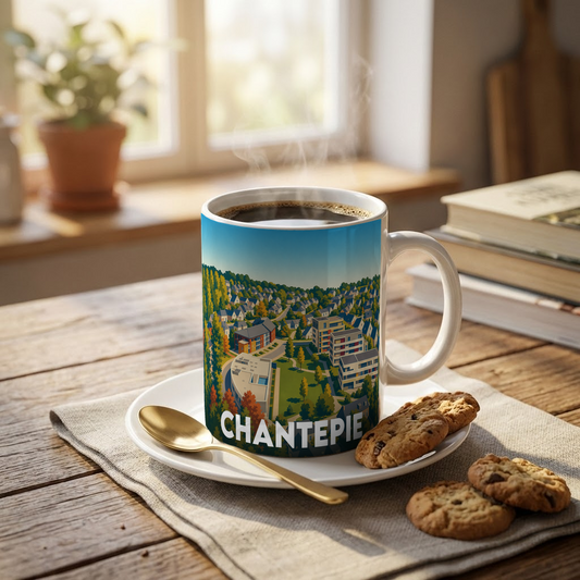 Mug souvenir de la ville de Chantepie avec une illustration stylisée d'un paysage urbain verdoyant.