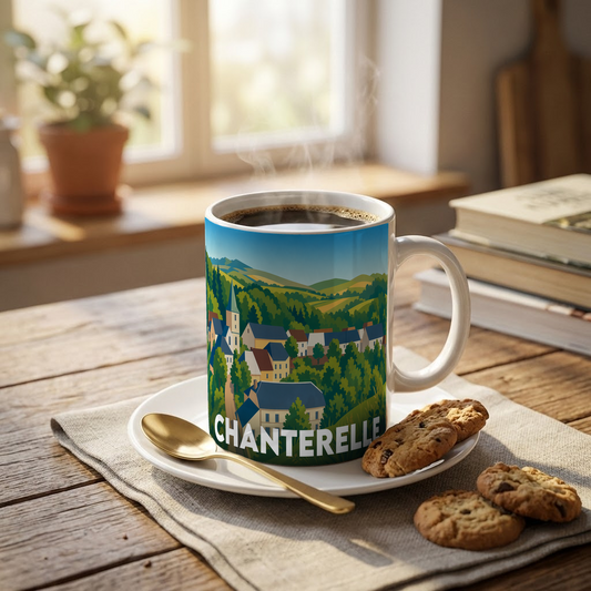 Mug souvenir de la ville de Chanterelle avec une illustration stylisée.