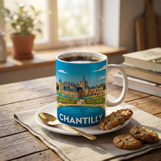 Mug souvenir de la ville de Chantilly avec une illustration stylisée de son château.