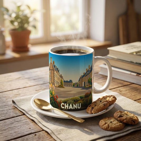 Mug souvenir de la ville de Chanu avec une illustration stylisée.