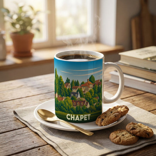 Mug souvenir de la ville de Chapet orné d'une illustration stylisée de ses maisons et paysages verdoyants.