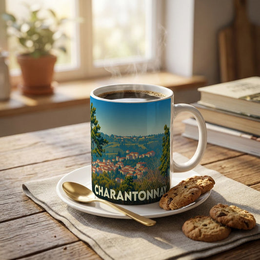 Mug souvenir de la ville de Charantonnay orné d'une illustration stylisée de son paysage vallonné.