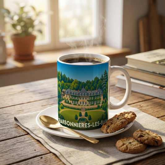 Mug souvenir de la ville de Charbonnières-les-Bains avec une illustration stylisée de son patrimoine.