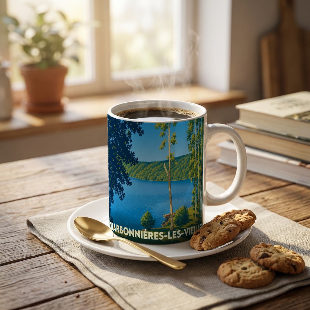 Mug souvenir de la ville de Charbonnières-les-Vieilles orné d'une illustration stylisée d'un lac bordé de forêts.