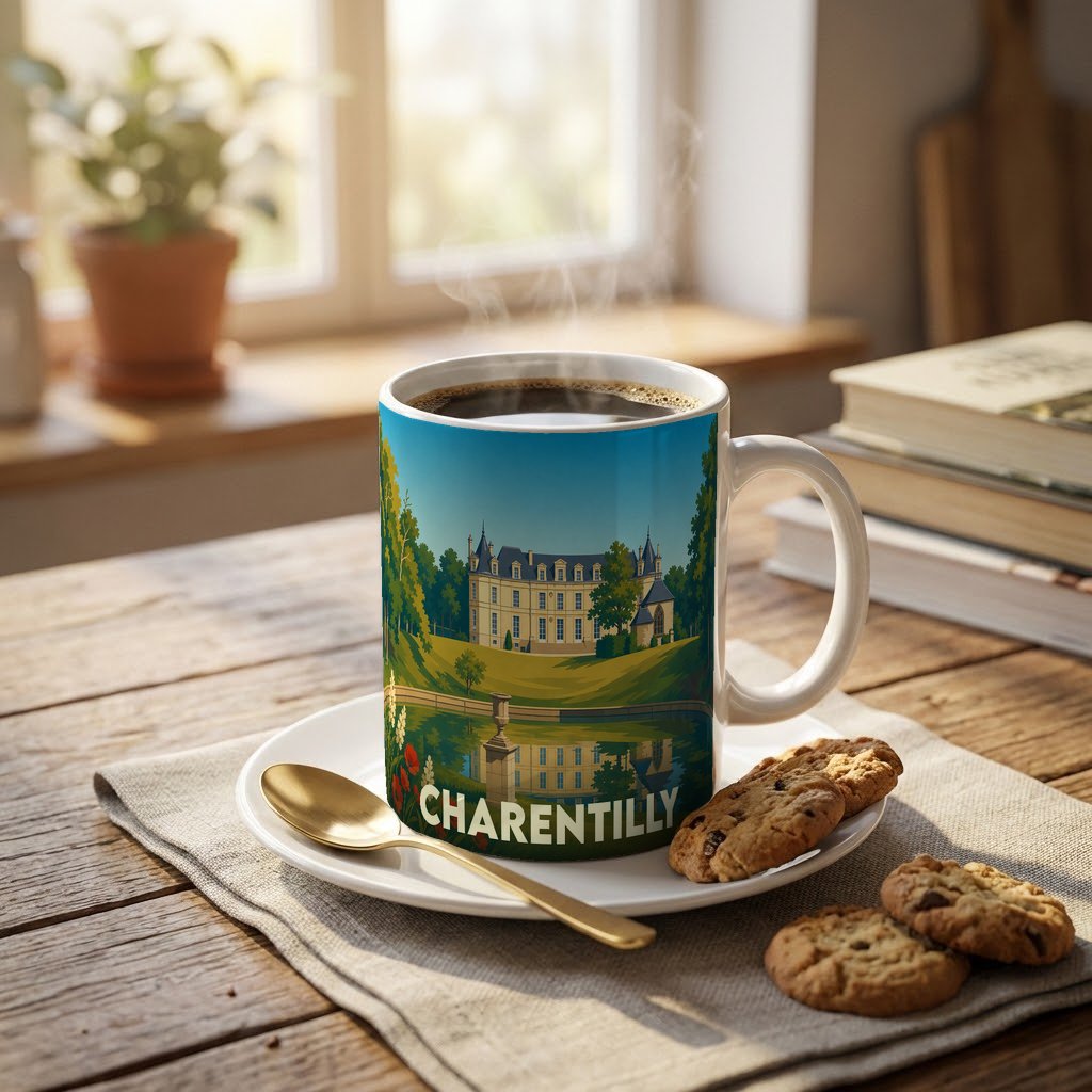 Mug souvenir de la ville de Charentilly avec une illustration stylisée de son château.