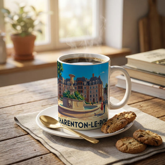 Mug souvenir de la ville de Charenton-le-Pont avec une illustration stylisée.